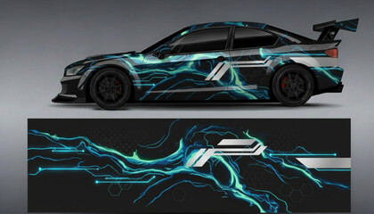 Side view of a black sports car with a vibrant blue lightning bolt graphic decal, showcasing a dynamic and modern design. © DB stock