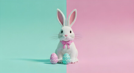Fototapeta premium White Easter Bunny Sitting with Colorful Eggs on Dual-Tone Pastel Background from a Front Viewpoint