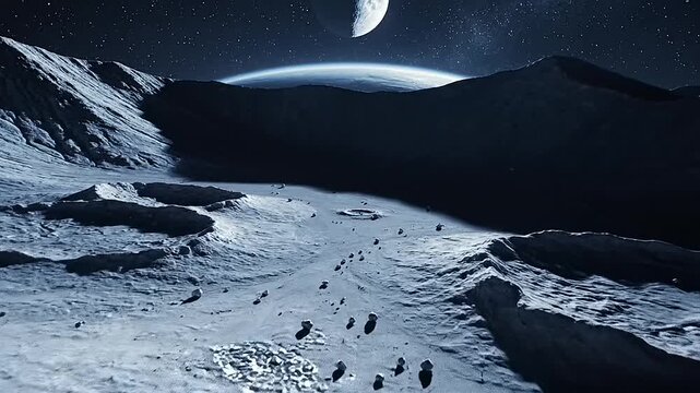 Alien lunar landscape bathed in sculpted moonlight with distant planets and stars visible.