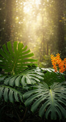 Fototapeta premium Image features large, green monstera leaves and orange blossom in sunlight, representing tropical vegetation and vibrant nature, perfect for botanical themes