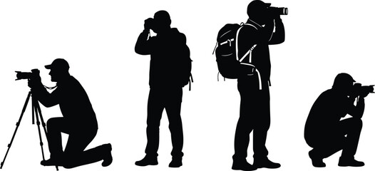 Photographer silhouette illustration set with camera and tripod, professional photography poses, outdoor shooting concept, creative media and journalism artwork isolated on white background © Shafali