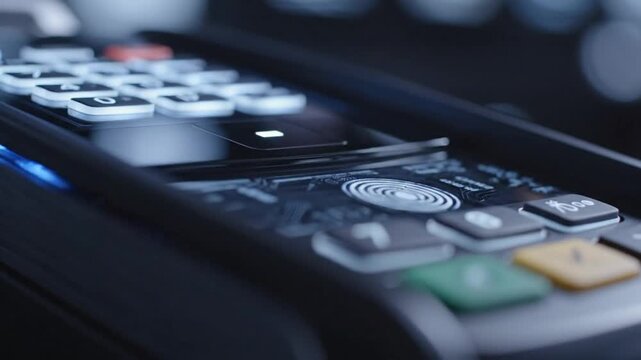 Close-up of a modern payment terminal with buttons.