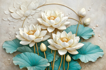 Elegant 3D White Lotus Flowers with Teal Leaves and Gold Accents, Luxury Bas Relief Floral Wall Art