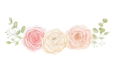 Watercolour crown of peonies, roses and eucalyptus leaves isolated on white background, summer flowers, floral hand drawn border © Elena