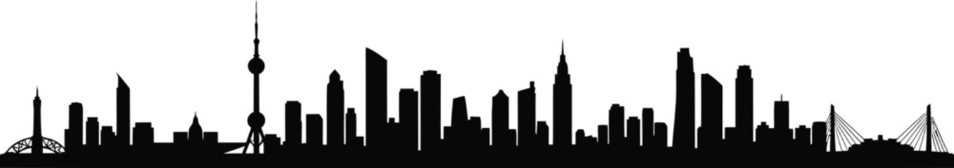 Obraz premium A panoramic modern city skyline with distinct architectural landmarks, pure black silhouette, a clean white background