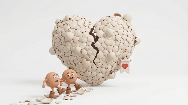 Humorous 3D Illustration of Heart Shape Made of Fragile Cracked White Eggshells