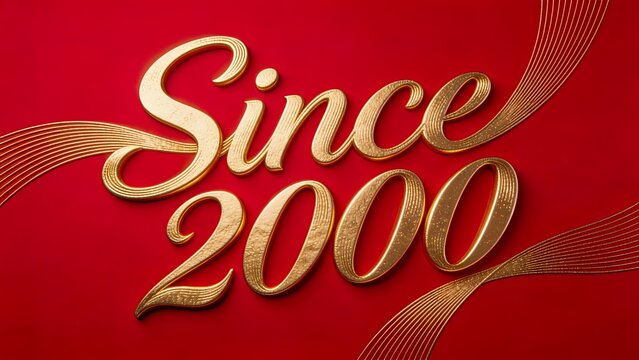  Letter and number "Since 2000" formed by flowing golden lines, subtle 3D gold foil emboss effect, matte red background, minimalist luxury festive poster design, ultra detailed