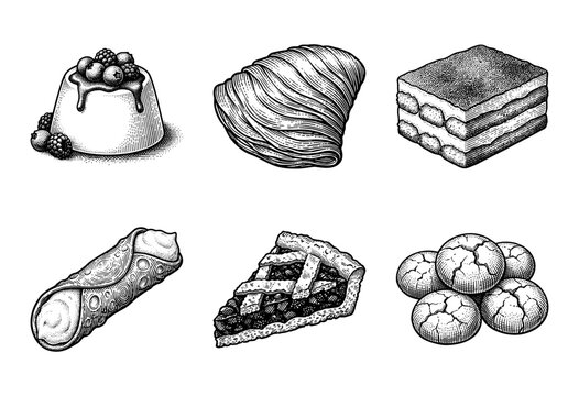 Set of hand drawn Italian desserts and pastries in vintage woodcut engraving style including tiramisu cannoli panna cotta and sfogliatella.