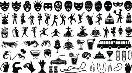 Obraz premium Mardi Gras Silhouette Icon Collection Mardi Gras Typography Silhouette Icon Set