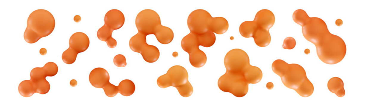 3d lava liquid blobs set Fluid 3D metaballs Abstract yellow spheres in flight