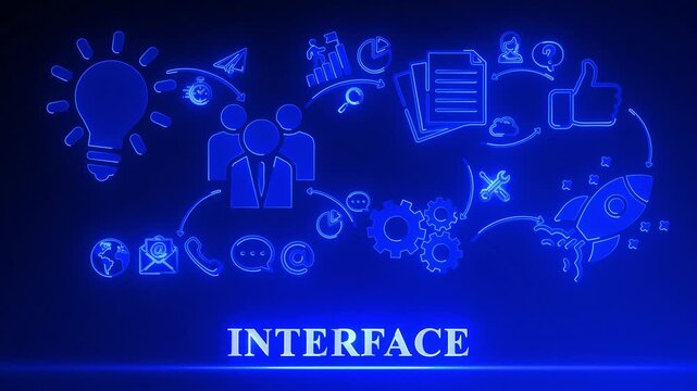 Neon Interface Concept Flowchart with Icons and Text on Dark Blue Background technology user experience