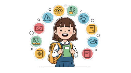 Naklejka premium Smiling schoolgirl wearing a backpack and holding a notebook surrounded by icons representing science, math, and various educational subjects.