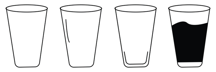 Water glass icon vector set outline. Drink glass line pictogram. Water glass vector icon set. tall full, half and empty milk or water glass sign eps 10 .