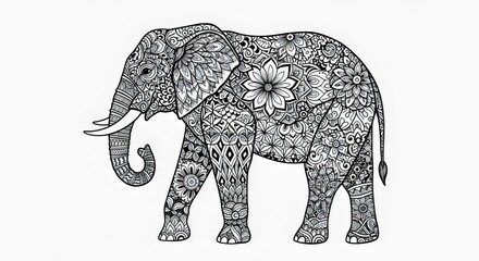 Intricate Zentangle Elephant Illustration - Majestic Black and White Mandala Art for Coloring