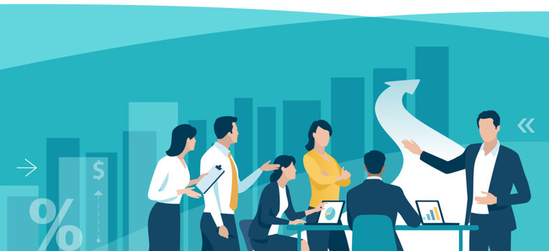 Presentation, profit, strategy. The male leader explains profitable investment opportunity, business plan. Vector illustration 