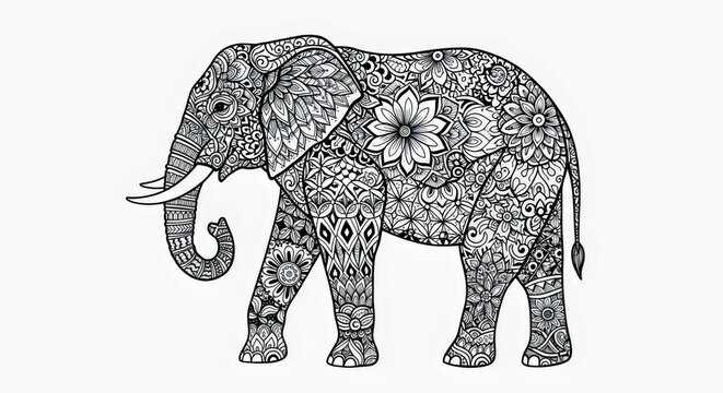 Intricate Zentangle Elephant Illustration - Majestic Black and White Mandala Art for Coloring