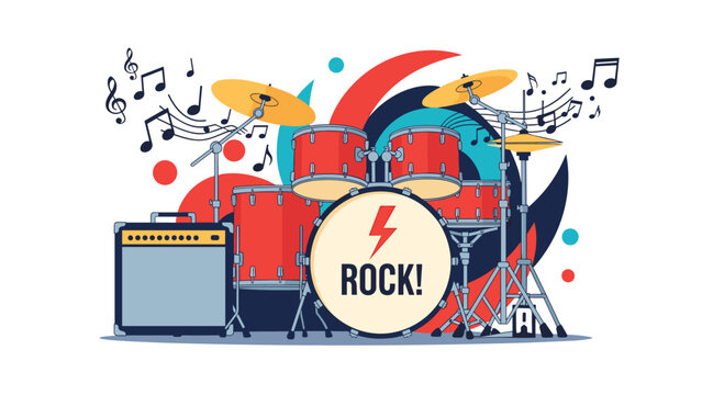 Dynamic music illustration featuring a red drum kit, guitar amp, and musical notes against an abstract colorful background with the word ROCK.