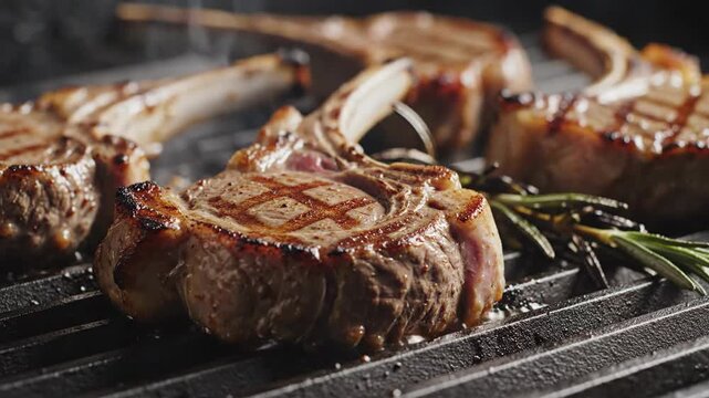 Tender lamb chops grilled to perfection on a hot grill, showcasing delicious sear marks and herbs