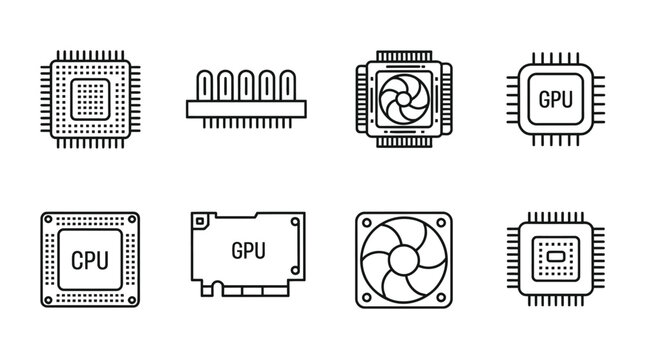 Close-up line art icons of computer hardware components, including CPUs, GPUs, cooling fans, and heatsinks, representing the core elements of modern computing and electronics.