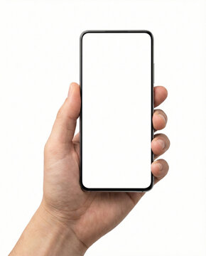 Close up of hand with mobile phone for demonstration of mobile application or website on clean white background