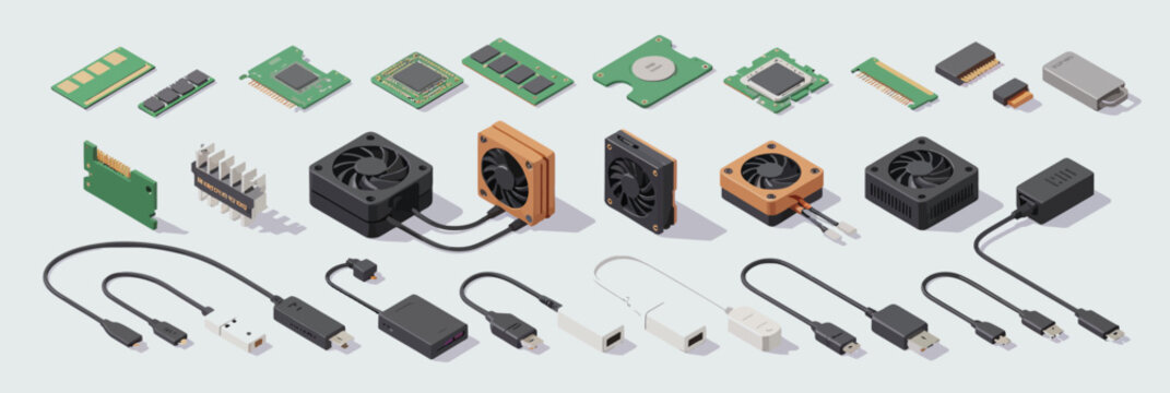Arrangement of isometric computer hardware parts like RAM, CPUs, fans, and connectors, illustrating PC assembly, IT solutions, and the components of modern digital systems.