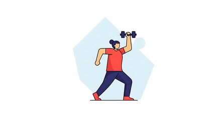 Naklejka premium An illustration of a person with a bun lifting a dumbbell overhead, demonstrating strength and fitness.