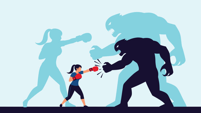 Small female boxer bravely fighting against the dark shadow of a giant monster to represent overcoming inner fears.