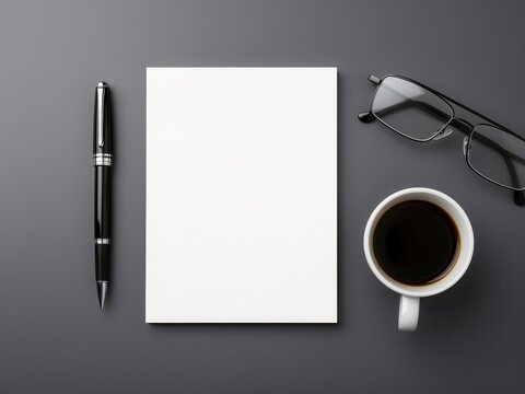 Top view of blank white notepad mockup with modern glasses, elegant black pen and white coffee cup on dark grey background, premium executive workspace concept