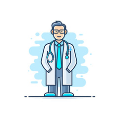 Obraz premium Flat design illustration of a male doctor in a white coat with a stethoscope around his neck, wearing glasses, representing healthcare professionals and medical services