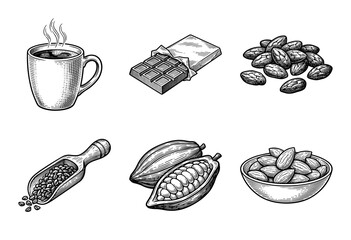 Set of hand drawn monochrome illustrations featuring coffee, chocolate, cocoa pods, and almonds in a classic woodcut engraving style