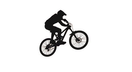 Naklejka premium Young rider performs a jump on a mountain bike in a sports area during the afternoon hours