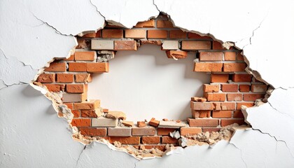A prominent hole in a pristine white plaster wall reveals the textured red brick structure beneath, offering a powerful visual of damage, renovation, or a unique construction background