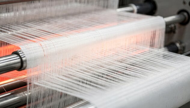 Closeup medium shot of polyester fibers being stretched and heattreated for lowshrink properties highlighting precise tension control and fiber alignment during manufacturing.