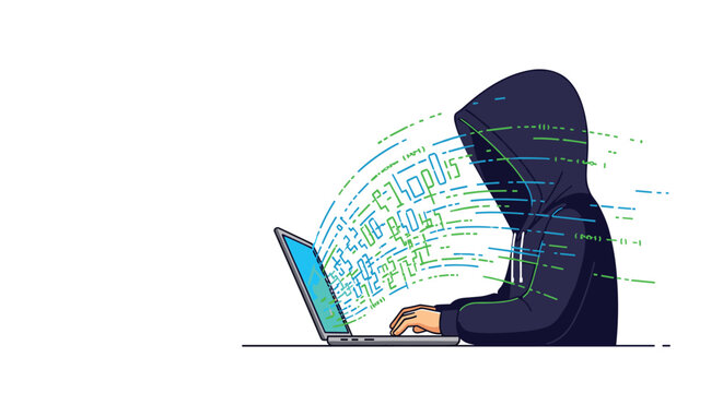 Hooded figure typing on a laptop with binary code streaming from the screen.
