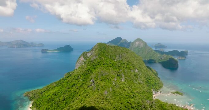 Aerial view of Islands in El Nido, blue sky and clouds. Palawan. Philippines.