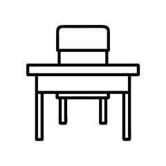Simple line art icon of a desk and chair, representing education, office, or study.