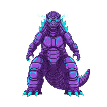 Pixel Art Godzilla Monster, Retro Kaiju, Purple and Blue