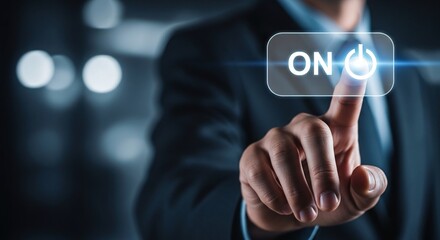 Hand Pressing Glowing Virtual ON Power Button - Technology Activation Concept