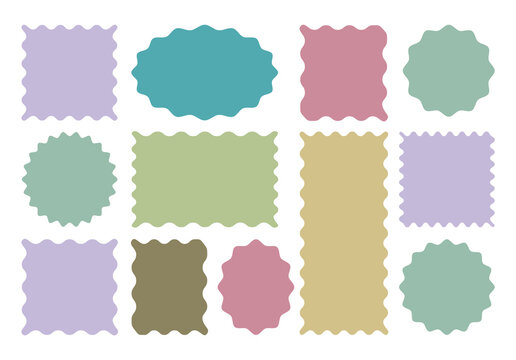 Vector set colorful zigzag wavy edge frames. Color rectangle frames with wiggly borders. Silhouette stickers circle,  square, oval and rectangle labels. 