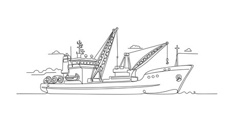 Fototapeta premium Fishing vessel with deck cranes moored in calm harbor. No editable stroke