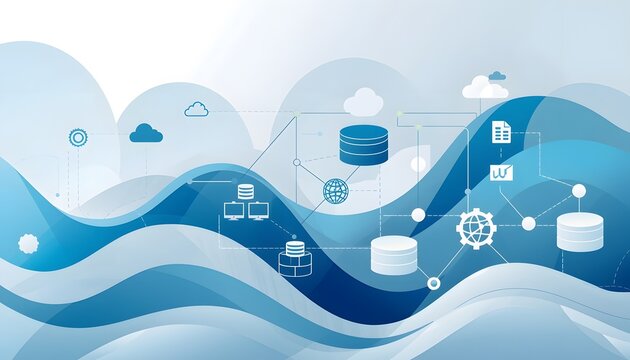 Abstract hybrid cloud architecture concept depicting a fusion of public and private cloud computing with interconnected data storage and network icons on a wavy blue background