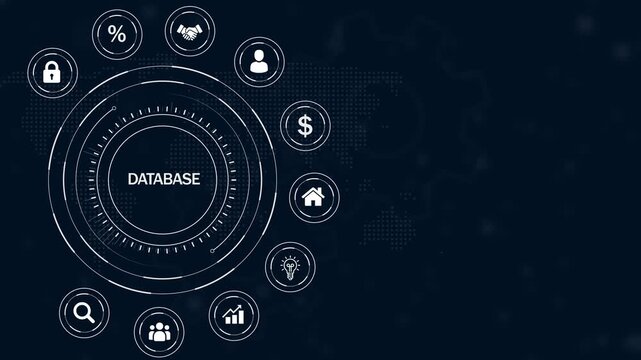 Futuristic digital interface with the word DATABASE at its core, encircled by white for business and technology on a dark blue textured background