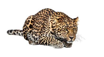 Obraz premium A stealthy leopard crouches low, its spotted coat blending with its surroundings, ready to pounce in a moment of wild grace