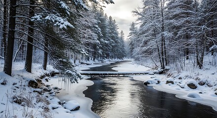 Winter River Scene - Snow-Covered Trees and Flowing Water.