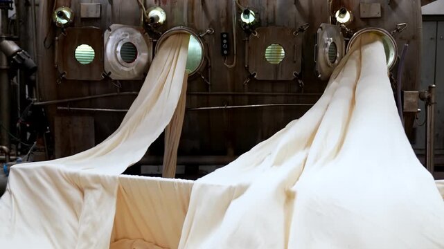 Flowing fabric emerging from large dyeing machines inside a textile factory. Professional industrial footage reflecting technical process, production discipline and large scale manufacturing.