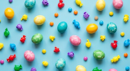 Colorful Easter Eggs and Candies Scattered on a Light Blue Background.
