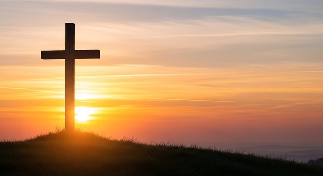 Christian Cross Silhouetted Against a Vibrant Sunset Sky.