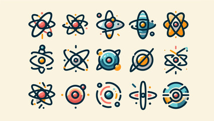 Set of stylized atom and molecular structure icons representing science, physics, nuclear energy, and quantum chemistry in a modern flat line art style.
