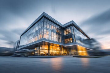 Obraz premium Modern glass building reflects twilight sky with motion blur.