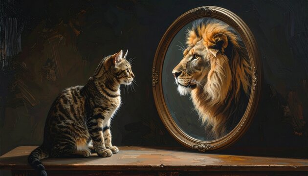 Cat sees lion reflection in vintage mirror on wooden table